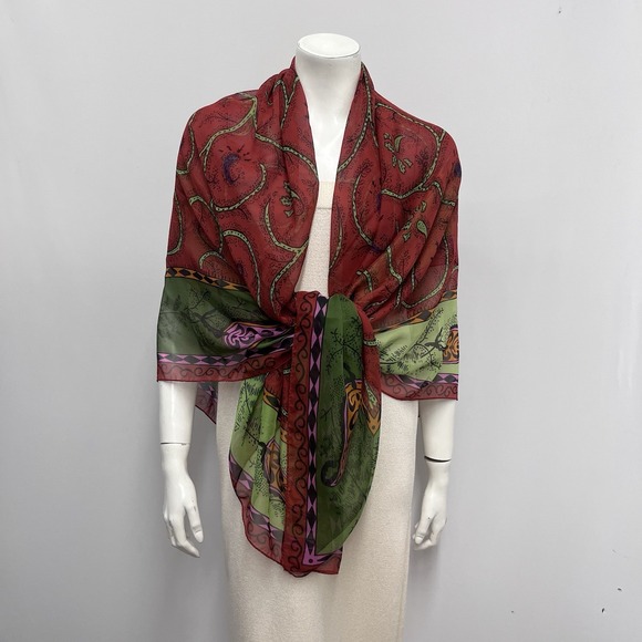 Souleiado 100% Silk Scarf JUMBO Paisley Red Green Orange Pink Blak 53 1/4" x 53" - Picture 1 of 7